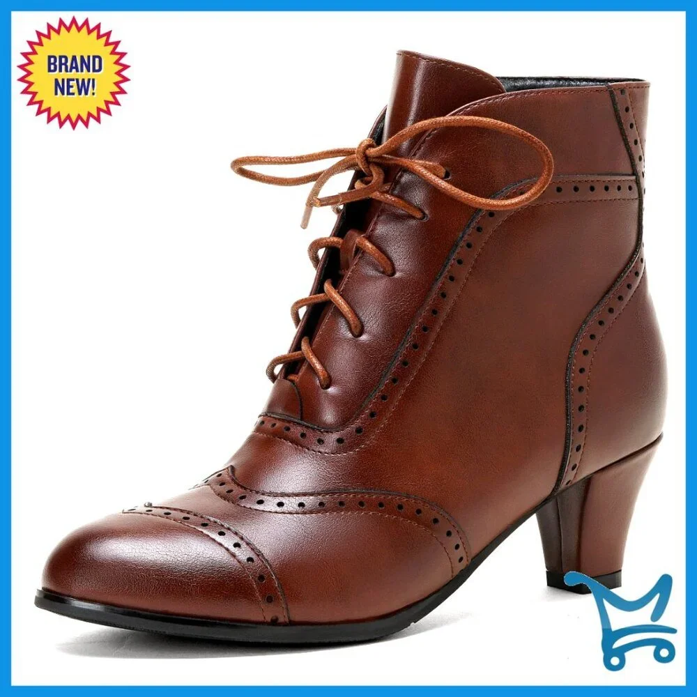 Vintage Ankle Boots Block Heel Side Zipper Lace Up Victorian Style